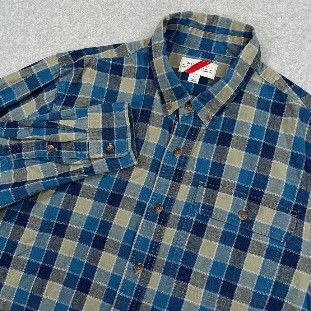 Best Made Co Flannel Shirt Mens Large Blue Gray Plaid Linen Cotton Blend Preppy